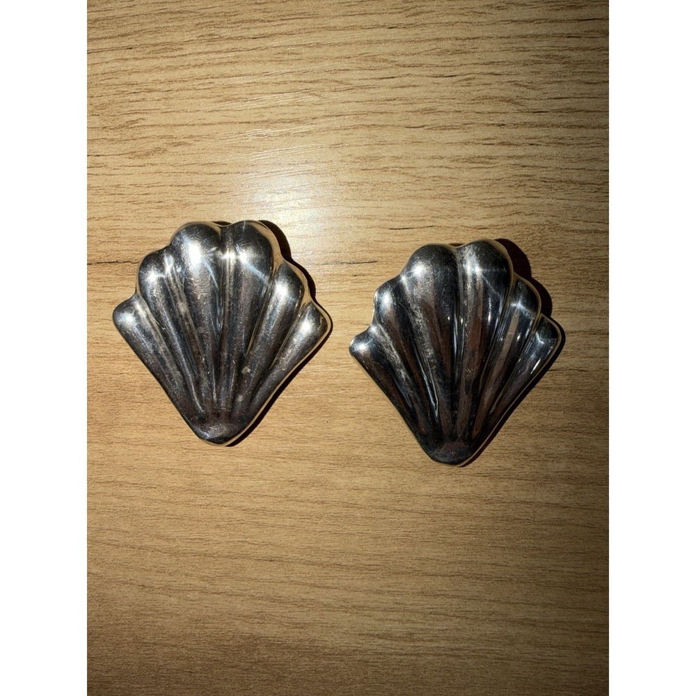 Vintage Taxco Sterling Silver Shell Clip Earrings 925 Mexico Mid Century MCM Big